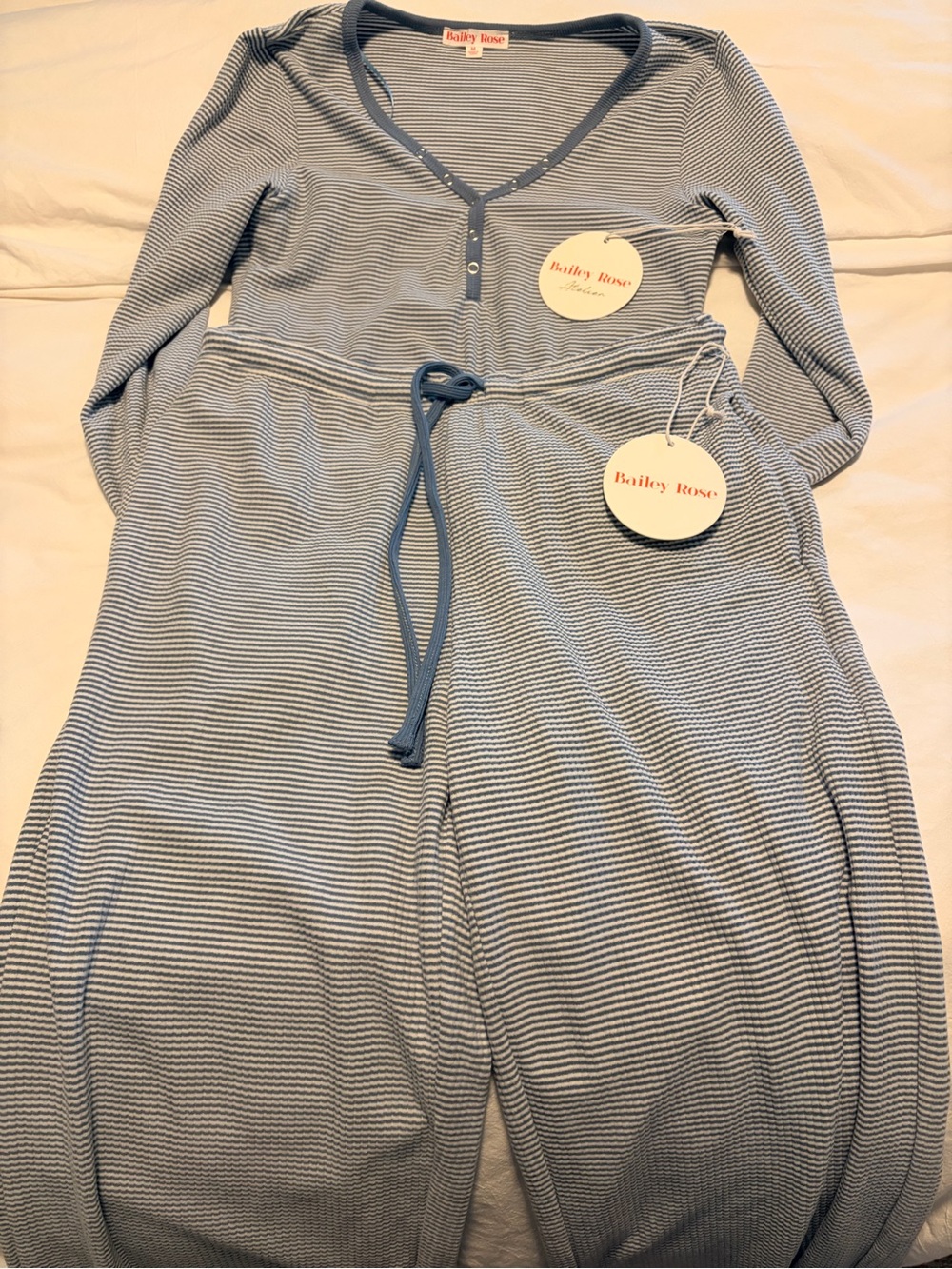 Light Blue Ribbed Knit Lounge Set with Drawstring Waist - Picture 3 of 5